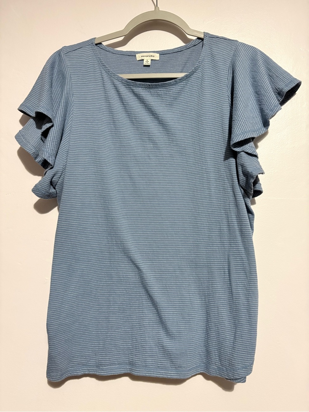 Max Studio Light Blue Striped Ruffle Sleeve Top
